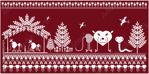 warli painting, Animal wildlife and forest ,tribal woman is walking through a wood-picking path,warli atr in the sky, birds, sun, open sky, village wall Art,maharashtra, Worli Art Gujarat, Worli Art g