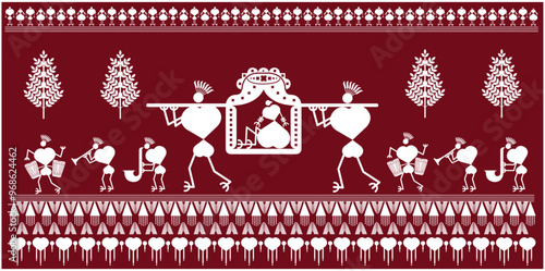Warli painting, marriage ceremony, Wedding people going to husband's house, playing musical instrument, man passing by, Warli in the sky, village wall art, Maharashtra, Gujarat, Goa