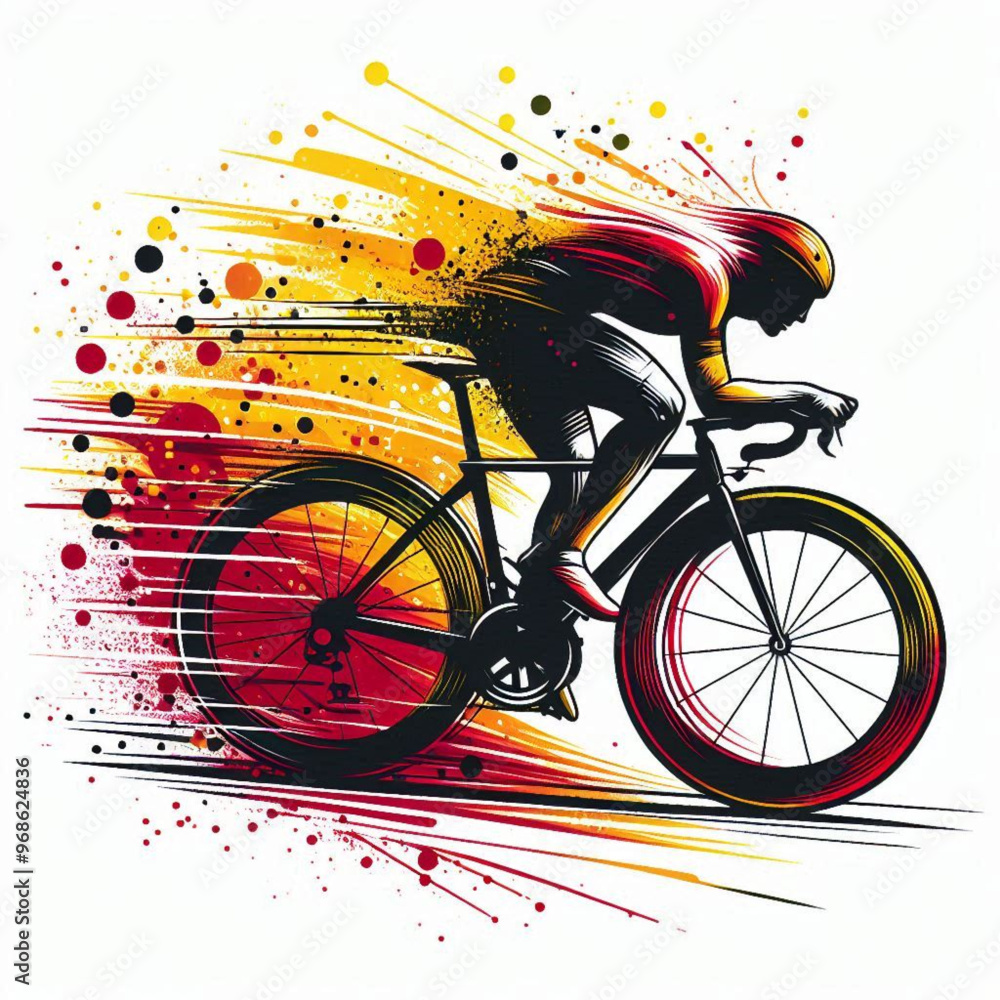 Fototapeta premium Cyclist in full motion racing with vibrant fiery speed effects