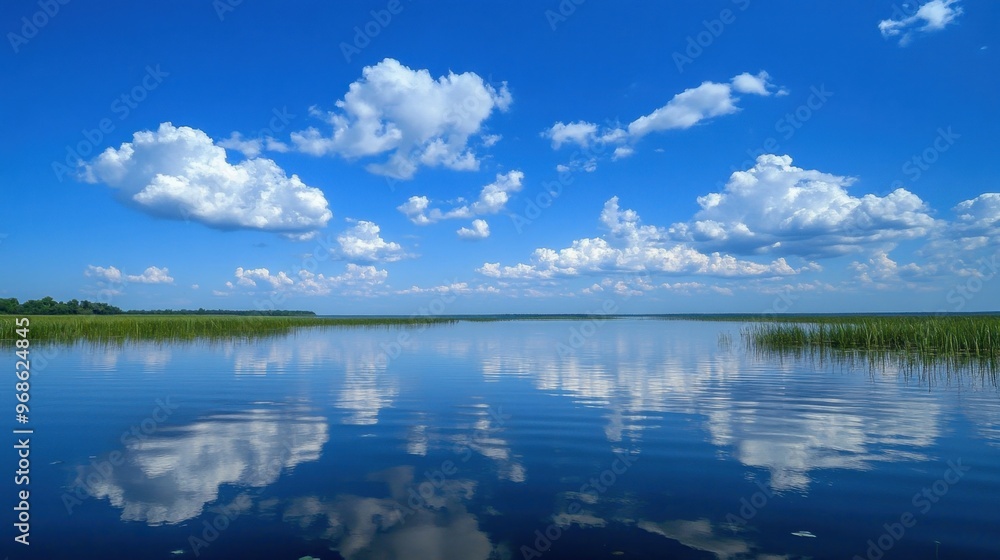 reflective water under a bright blue sky with soft clouds, capturing the peaceful and expansive atmosphere. reflective water under a bright blue sky with soft clouds, capturing the peaceful and expansive atmosphere.