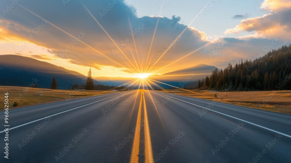 Naklejka premium A breathtaking sunrise over an open road with vibrant colors illuminating the sky and landscape, perfect for travel themes.