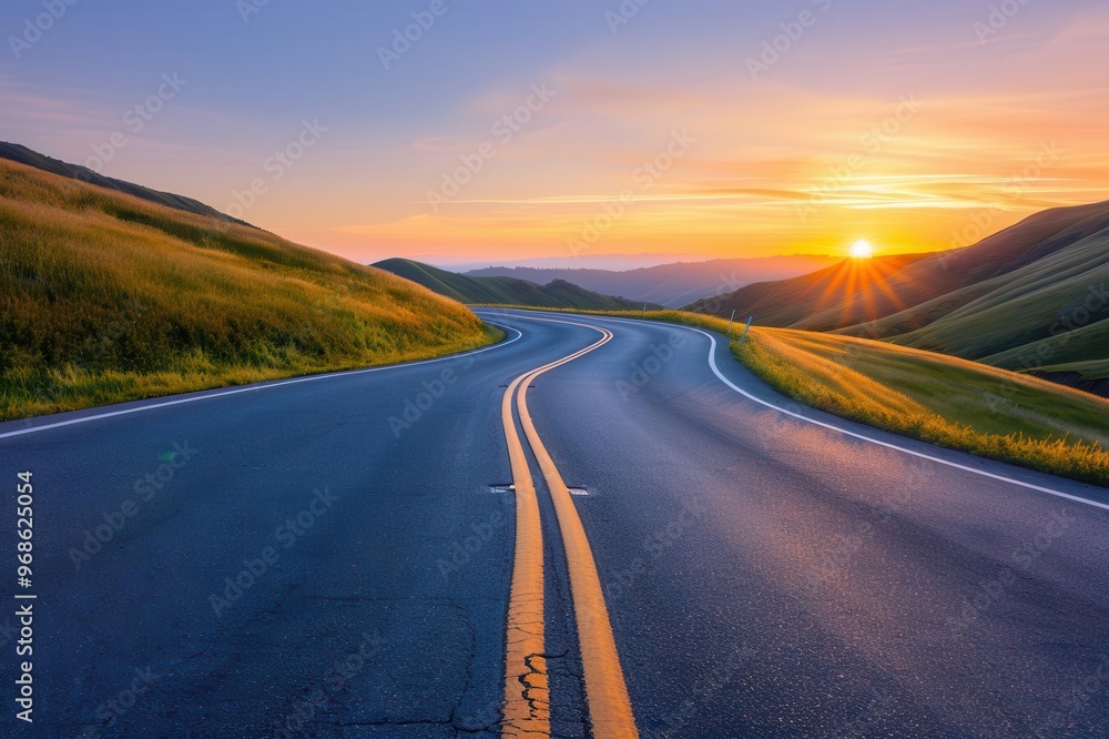Fototapeta premium Serene winding road through lush green hills at sunrise, inviting travelers to explore the natural beauty of the landscape.
