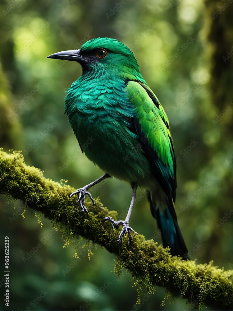 Fototapeta premium Vibrant Green Bird Perched on Moss-Covered Branch