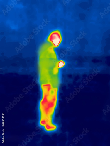 A young man with a smartphone. In search of a way. Image from thermal imager device.