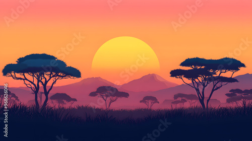 Beautiful orange sunset over savannah landscape with silhouette of trees and sun