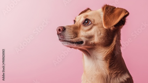 A caramel-colored dog standing against a soft pink backdrop, creating a striking contrast with a playful, minimalist atmosphere. photo