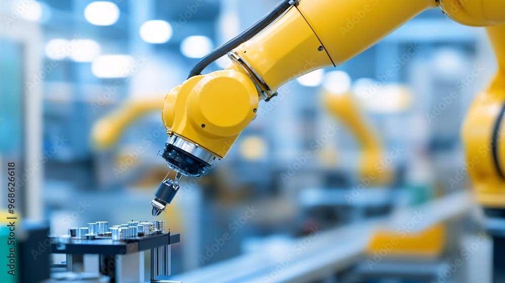 Industrial Robotic Arm Assembling Precision Components - Cutting-Edge Automation and Robotics Driving Innovation in a High-Tech Factory for Optimized Workflow Efficiency