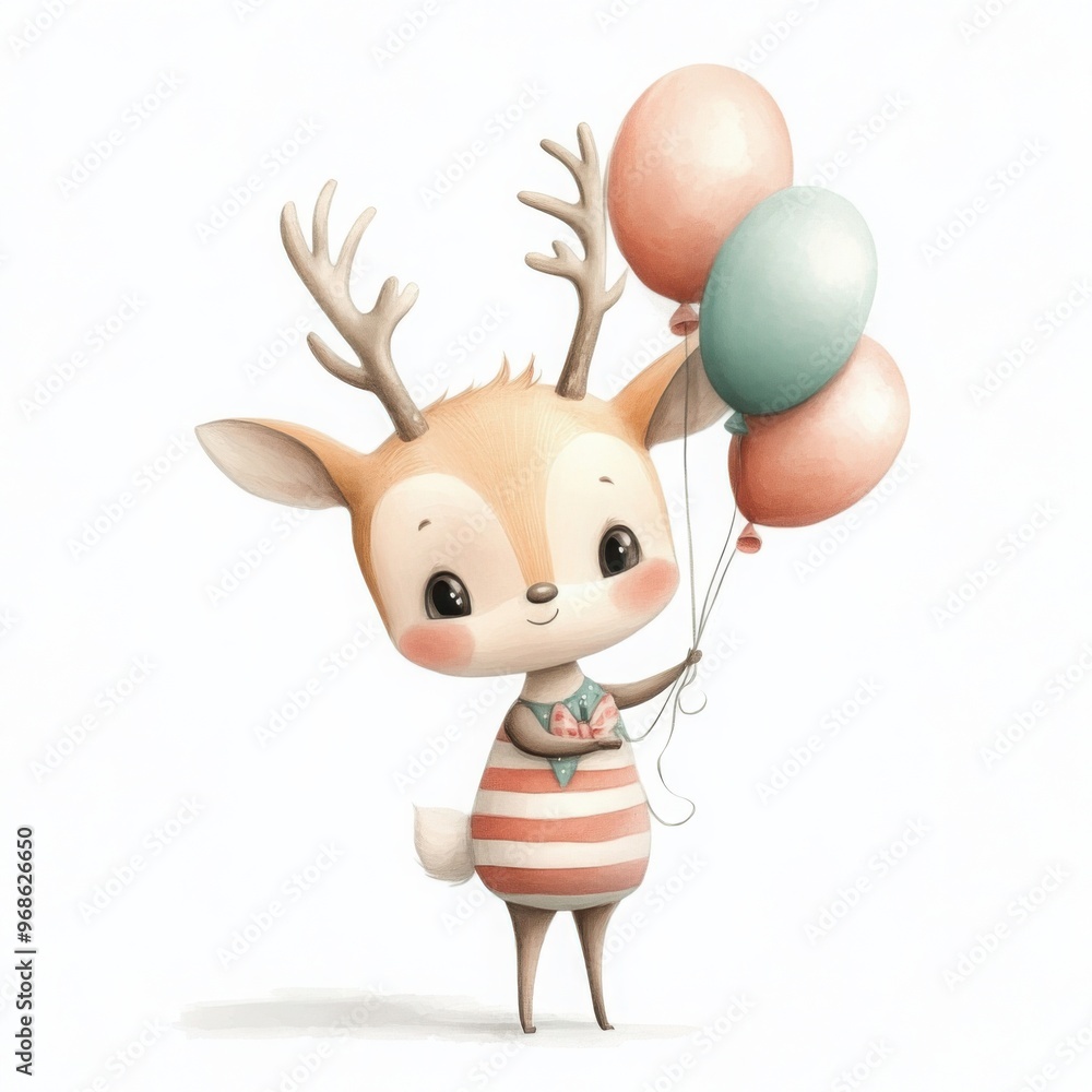 Fototapeta premium Baby Deer wearing a party costume with stripes and holding balloons. 