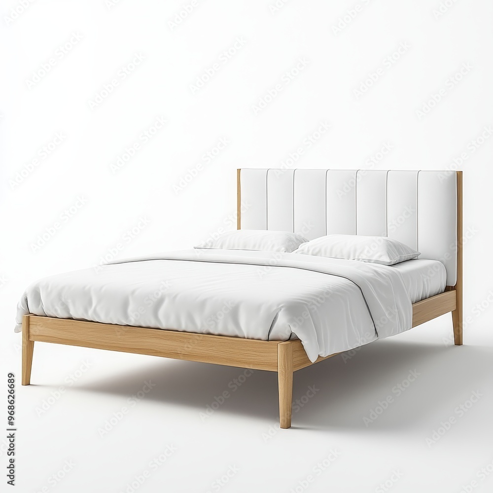 A modern bed with a tufted headboard and simple wooden frame, designed for comfort and style. A modern bed with a tufted headboard and simple wooden frame, designed for comfort and style.