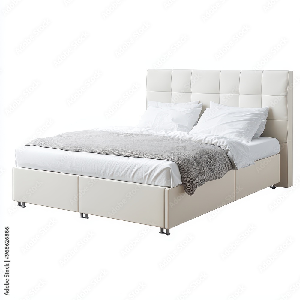 A modern bed with a tufted headboard and storage drawers, designed for comfort and style. A modern bed with a tufted headboard and storage drawers, designed for comfort and style.