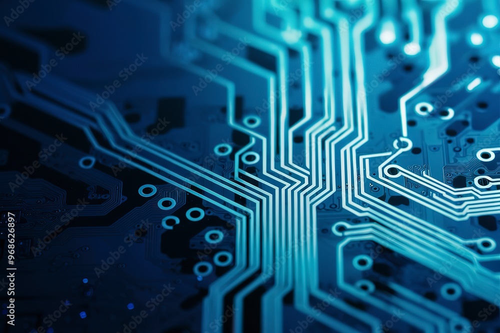 A close-up, high-resolution image of a beautiful, intricate blue circuit board A close-up, high-resolution image of a beautiful, intricate blue circuit board