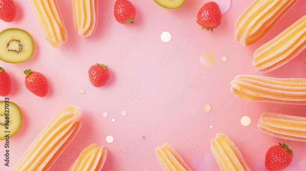A flat lay of churros, strawberries, and kiwi slices arranged in a circle on a pink background with confetti. A flat lay of churros, strawberries, and kiwi slices arranged in a circle on a pink background with confetti.