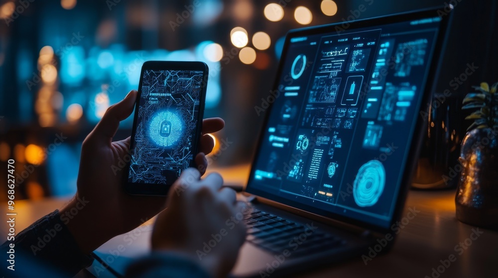 Advanced biometric security systems for personal devices: A person unlocking their smartphone or laptop using retina scans or fingerprint technology. Advanced biometric security systems for personal devices: A person unlocking their smartphone or laptop using retina scans or fingerprint technology.
