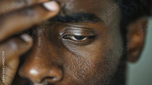 Exhausted African American Man Coping with Migraine Headache: Close-up Headshot of Frustrated and Depressed Black Man Touching Forehead in Pain