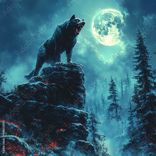 Werewolf Howling at the Full Moon - A menacing werewolf standing on a rocky cliff, howling at the full moon with sharp claws, glowing eyes, and a dense, foggy forest below –-ar 16:9