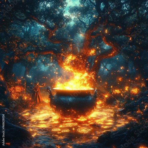 Witches Cauldron in a Spooky Forest - A bubbling cauldron surrounded by witches in a spooky forest, with twisted trees, glowing runes on the ground, and magical sparks flying in the air –-ar 16:9