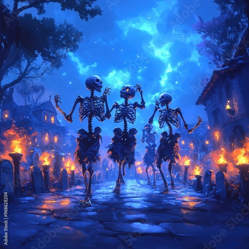 Halloween Skeletons Dancing in a Graveyard - A group of animated skeletons dancing in a graveyard, with tombstones, glowing candles, and an eerie blue glow illuminating the scene –-ar 16:9 