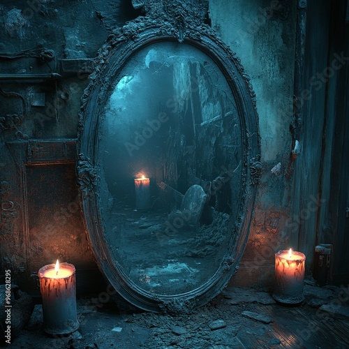 Cursed Mirror with Ghostly Reflections - A cursed mirror reflecting ghostly apparitions, with a cracked frame, flickering candles, and an old, dusty room filled with shadows –-ar 16:9