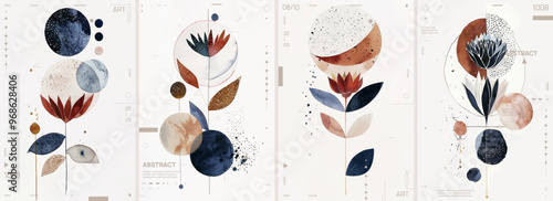 Set of four minimalistic abstract art posters featuring lotus flowers and geometric shapes in muted colors against a white background, created as vector illustrations in a modern design style.