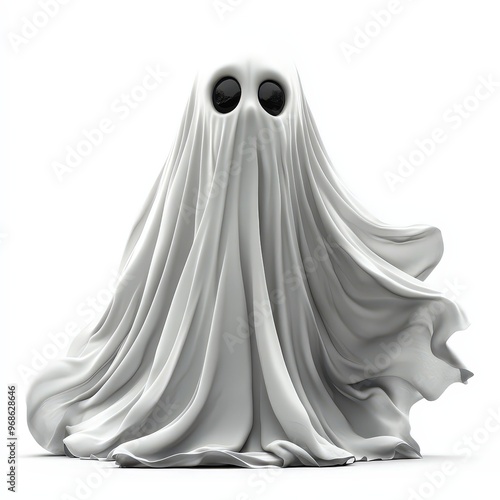 Spooky Ghost in a Sheet - A spooky cartoon ghost draped in a white sheet, with dark eyes and a mischievous grin, isolated on a white background with no shadow –-ar 16:9