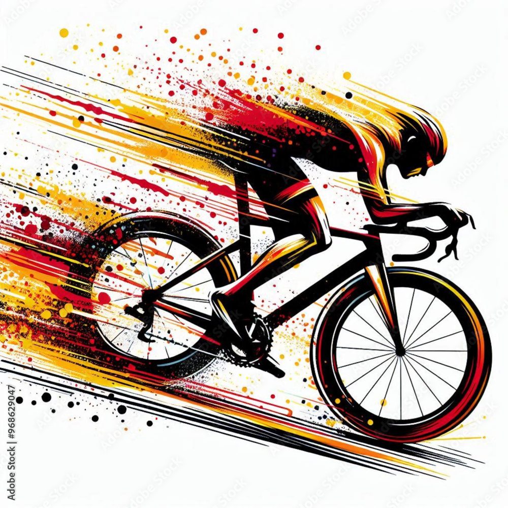 Fototapeta premium Cyclist in full motion racing with vibrant fiery speed effects