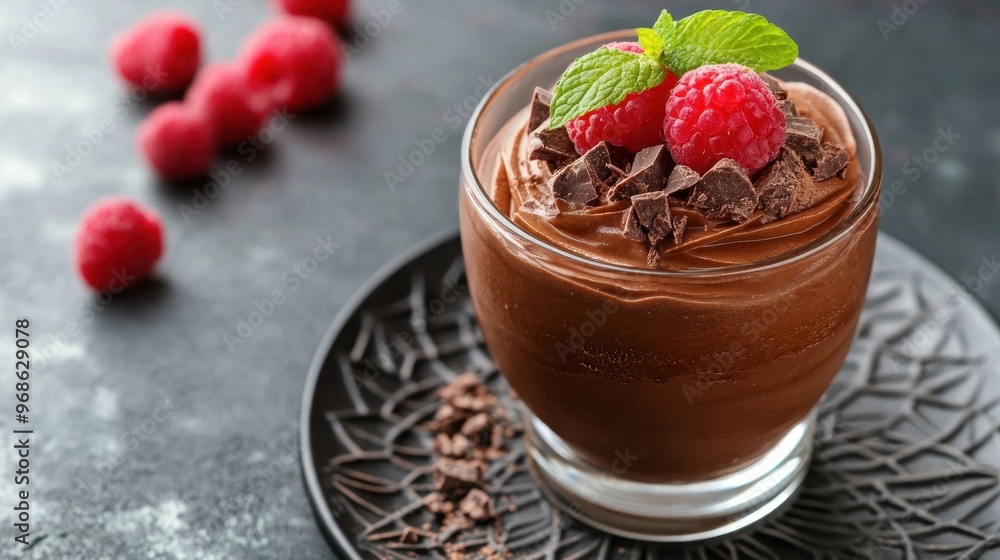 Close-up of a chocolate mousse dessert in a glass topped with raspberries and chocolate shavings on a black plate. Close-up of a chocolate mousse dessert in a glass topped with raspberries and chocolate shavings on a black plate.