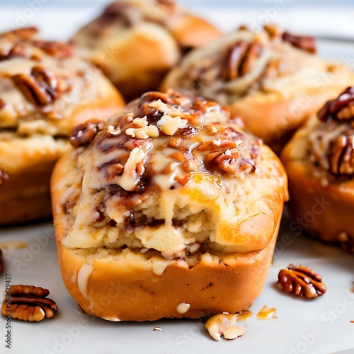 Close-up of a Caramel Pecan Roll with Drizzled Caramel Glaze photo