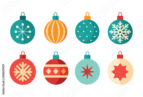 Colorful Christmas Ornaments modern Flat Vector Illustration Set