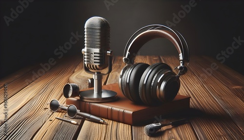 Podcasting and radio concept with retro microphone and headphones on empty wooden table and dark blank wall background with place for your logo or text. 3D rendering, mock up