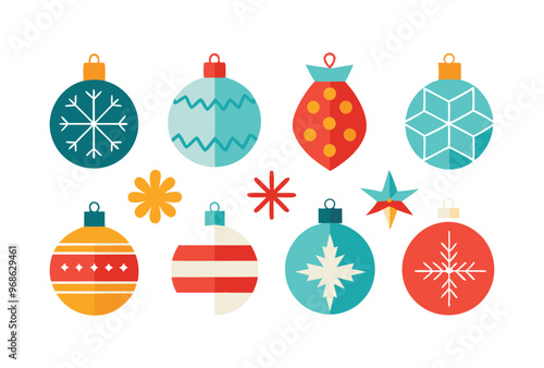 Colorful Christmas Ornaments modern Flat Vector Illustration Set