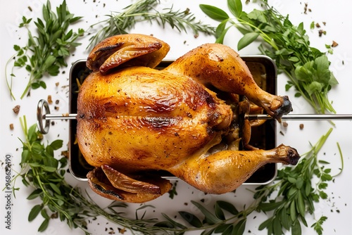 detailed photograph of a whole roasted chicken on a rotisserie