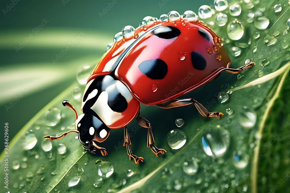 Ladybug on a Green Leaf Covered in Dew Drops Ladybug on a Green Leaf Covered in Dew Drops