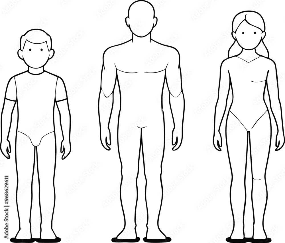 Adult man, woman and child body chart, front view. Blank human body