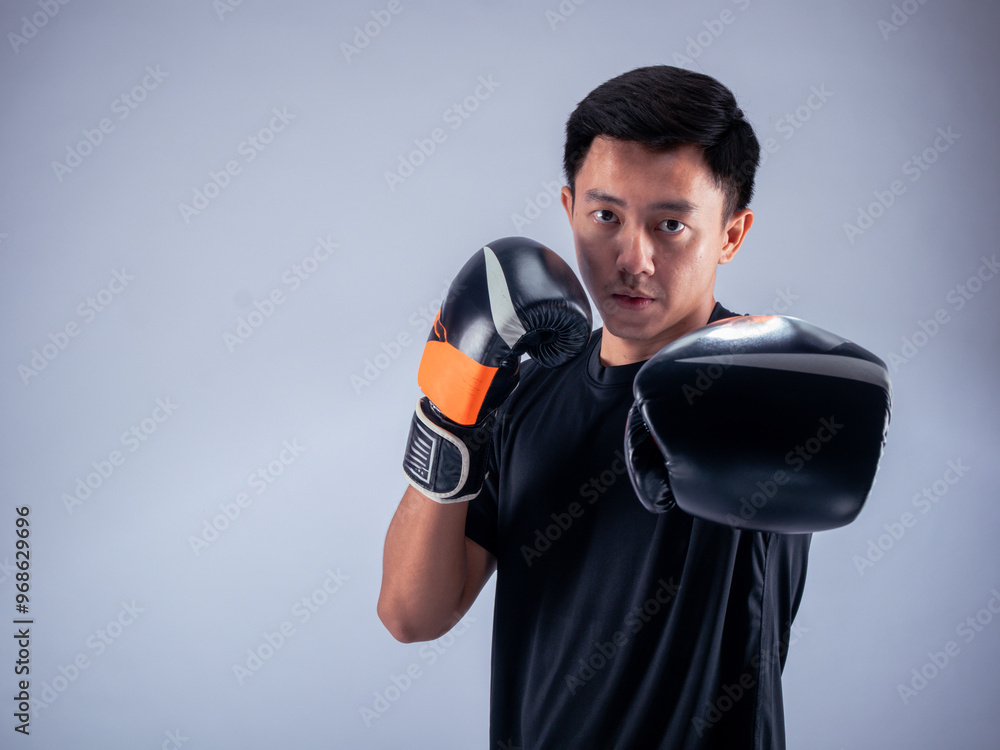 An Asian man in a serious boxing stance throws a punch while wearing black and orange boxing gloves. He is dressed in a black t-shirt and stands against a white background, ready for action An Asian man in a serious boxing stance throws a punch while wearing black and orange boxing gloves. He is dressed in a black t-shirt and stands against a white background, ready for action