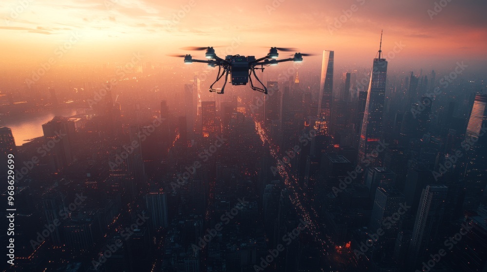 AI-guided drone delivery system transporting packages between skyscrapers in a bustling metropolis AI-guided drone delivery system transporting packages between skyscrapers in a bustling metropolis
