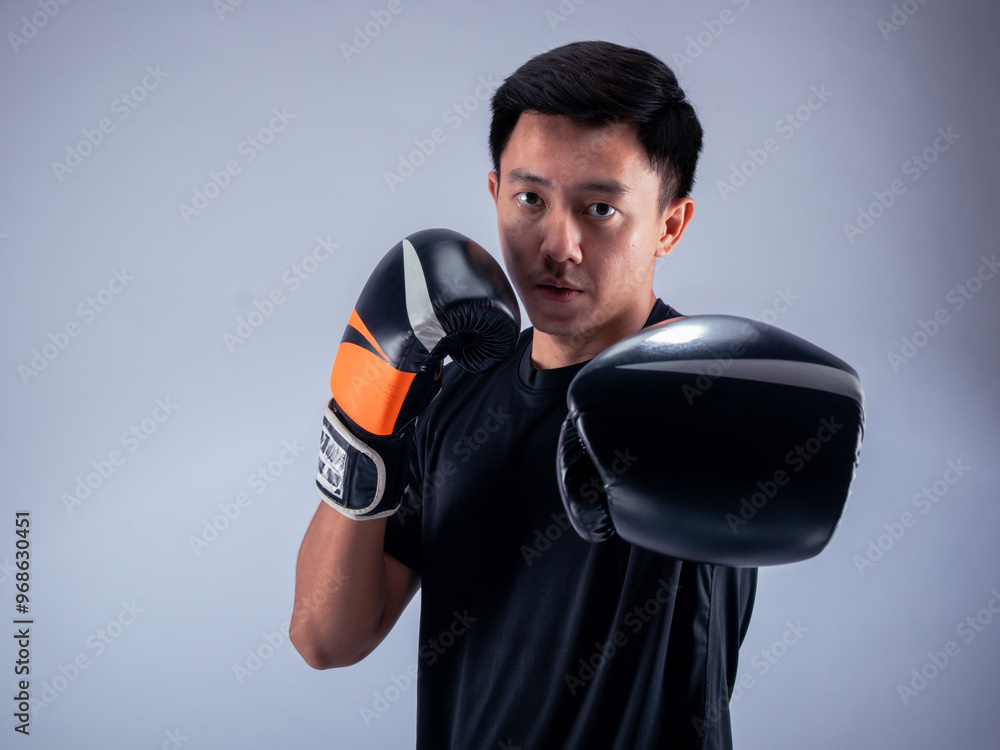 An Asian man in a serious boxing stance throws a punch while wearing black and orange boxing gloves. He is dressed in a black t-shirt and stands against a white background, ready for action An Asian man in a serious boxing stance throws a punch while wearing black and orange boxing gloves. He is dressed in a black t-shirt and stands against a white background, ready for action