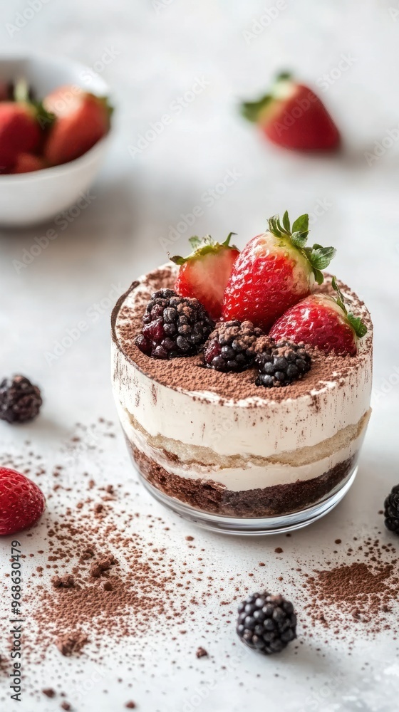 Closeup of a single-serving tiramisu dessert topped with fresh strawberries and blackberries in a glass cup. Closeup of a single-serving tiramisu dessert topped with fresh strawberries and blackberries in a glass cup.