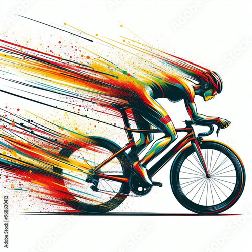 Cyclist in full motion racing with vibrant fiery speed effects

