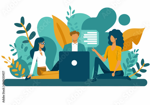 Online Education E-learning Concept: Teachers Explaining Topic Emerging from Laptop in Minimalistic Vector Illustration for Digital Learning and Virtual Classroom Engagement