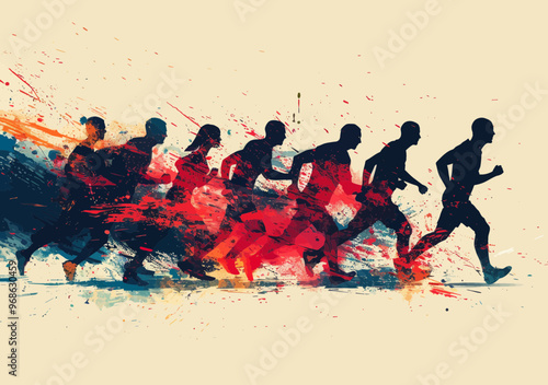 Dynamic Business Team Running Towards Success, Leadership and Teamwork in Competitive Environment, Abstract Illustration with Colorful Splashes