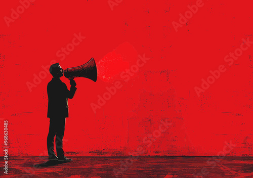 Businessman Communicating Through Megaphone Silhouette on Red Background, Marketing Concept, Minimalist Vector Illustration of Business Promotion and Advertising