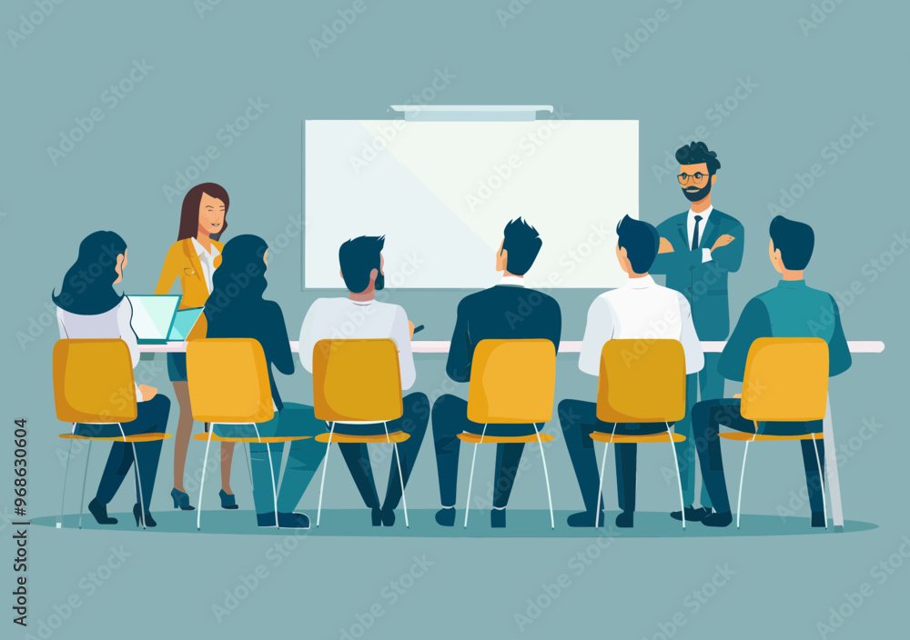 Business Team Learning from Leader in Office Presentation Setting, Minimalistic Vector Illustration Business Team Learning from Leader in Office Presentation Setting, Minimalistic Vector Illustration