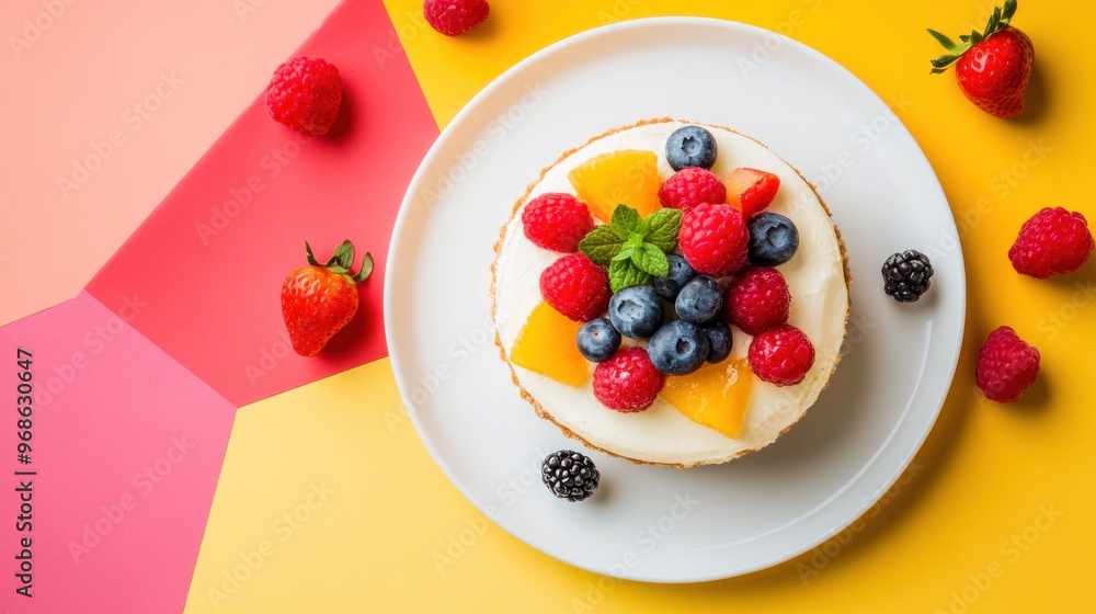 A delicious tart with fresh fruit on a white plate on a pink and yellow background. A delicious tart with fresh fruit on a white plate on a pink and yellow background.