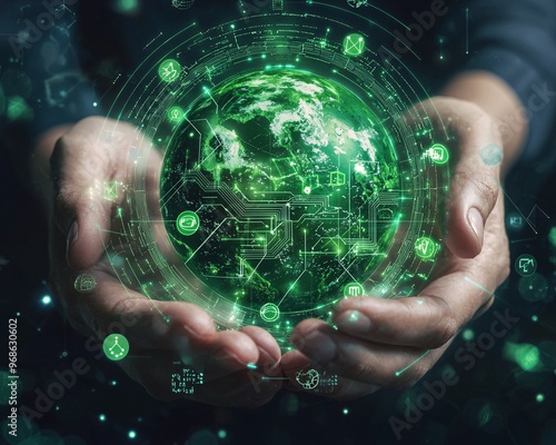 Businessman hand holding 3D hologram sustainability energy ESG concept