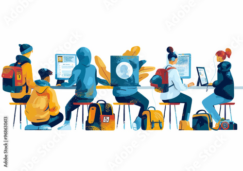 Students Engaged in Distance Learning: Minimalistic Vector Illustration of E-Learning with Diverse Online Classroom Setting and Focus on Technology and Remote Education