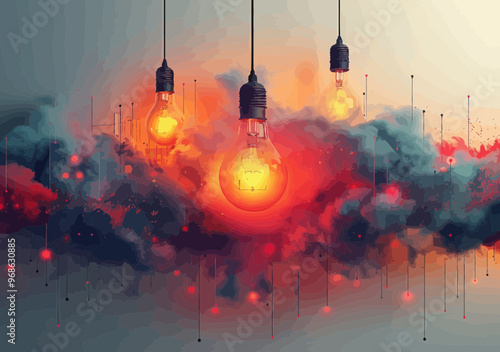 Surreal Light Bulbs in Nebula Cloud Exploding with Creativity and Innovation, Minimalistic Vector Illustration for Invention Concepts, Abstract Scene with Vibrant Colors and Energetic Atmosphere