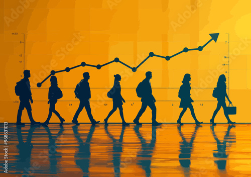 Team Collaboration for Business Growth: Six Workers Walking with Rising Chart Line, Concept of Success, Progress, and Unity in Business