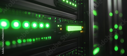 Close-up of a server rack with green indicator lights.