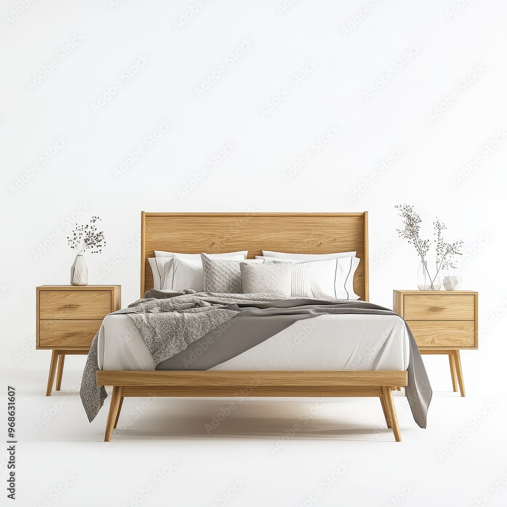 A modern bedroom featuring a wooden bed, nightstands, and decorative plants. A modern bedroom featuring a wooden bed, nightstands, and decorative plants.