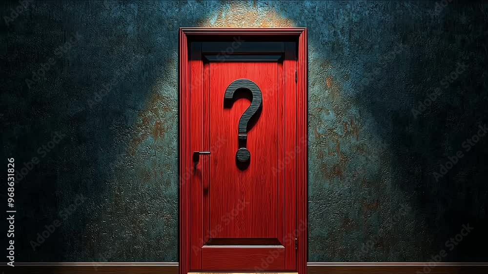 A closed door featuring a prominent question mark stands against a dark textured wall A closed door featuring a prominent question mark stands against a dark textured wall
